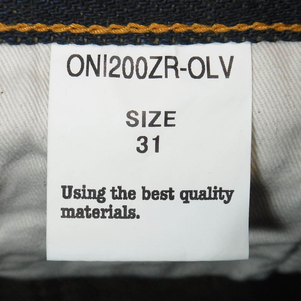 ONI DENIM 鬼デニム ONI200ZR-OLV Secret Denim weft Olive Wide Straight 20oz シークレットデニム 緯糸オリーブ ワイドストレート デニム パンツ W31 インディゴブルー系 31【極上美品】【中古】
