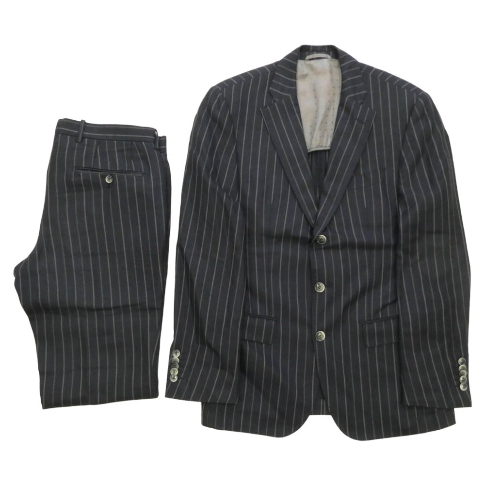 HUGO BOSS ヒューゴボス 3B テーラードジャケット パンツ リネン ウール スーツ ストライプ ２ピースセットアップ ネイビー系 48【中古】