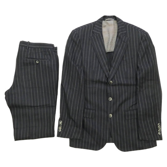 HUGO BOSS ヒューゴボス 3B テーラードジャケット パンツ リネン ウール スーツ ストライプ ２ピースセットアップ ネイビー系 48【中古】
