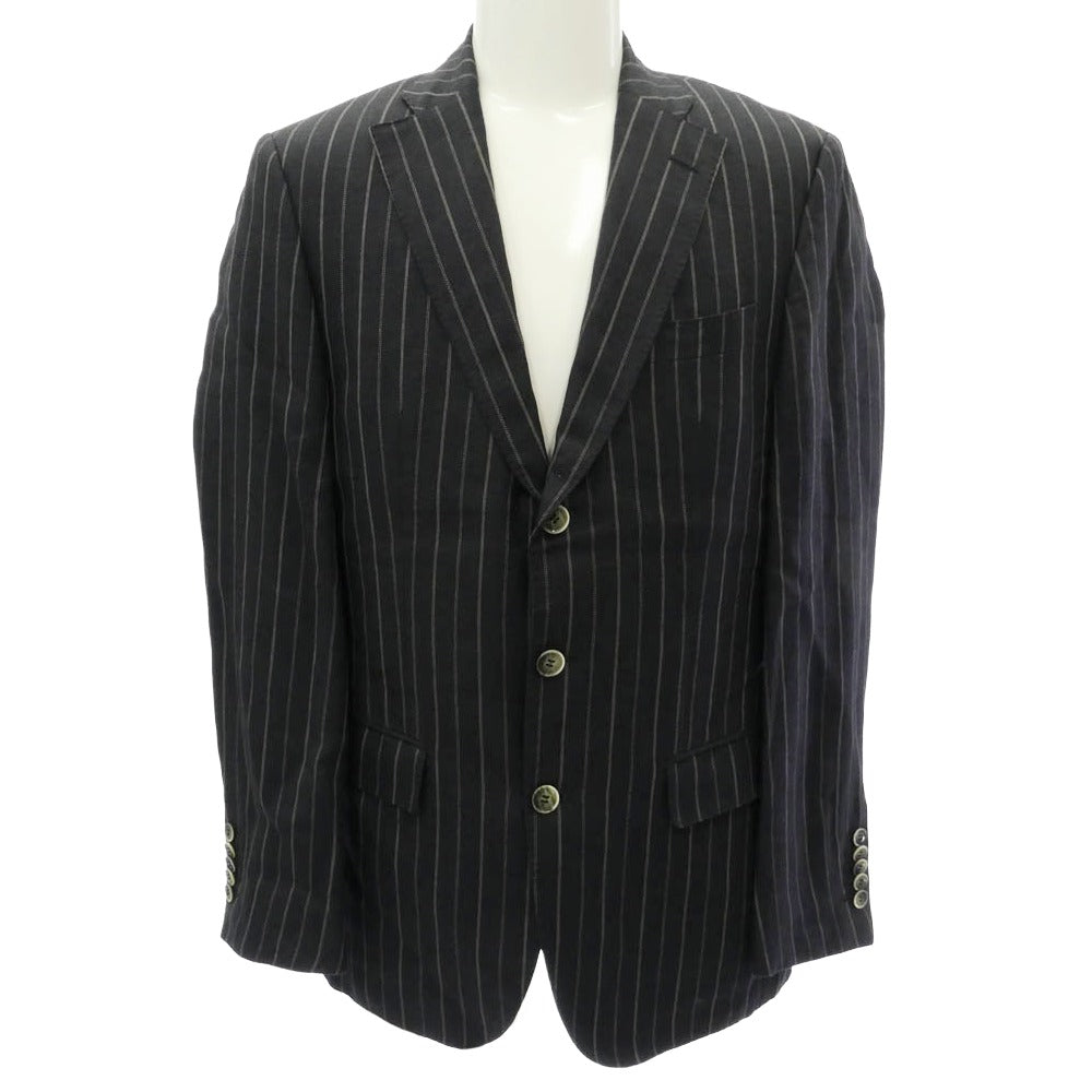 HUGO BOSS ヒューゴボス 3B テーラードジャケット パンツ リネン ウール スーツ ストライプ ２ピースセットアップ ネイビー系 48【中古】