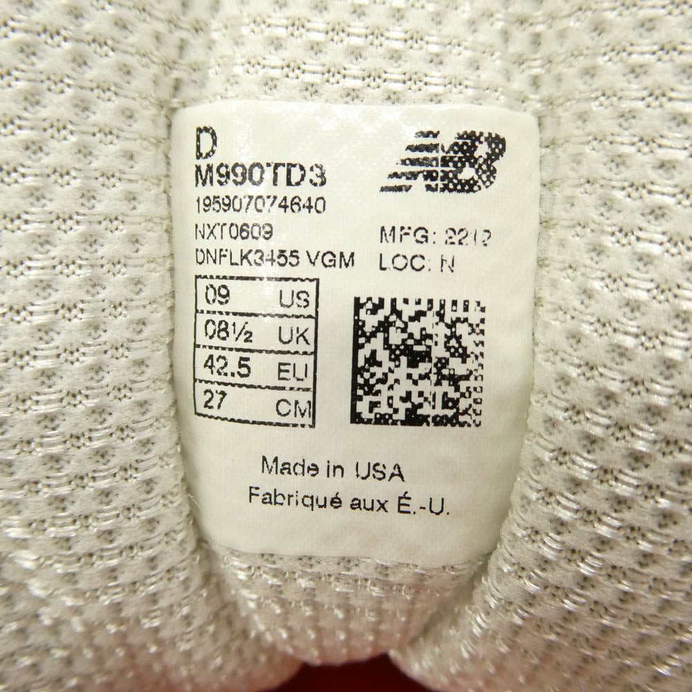NEW BALANCE ニューバランス M990TD3 990V3 Made in USA Raw Amethyst ローアメジスト ローカット スニーカー パープル系 27cm【新古品】【未使用】【中古】