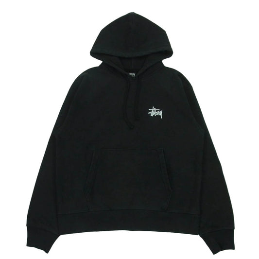STUSSY ステューシー グアテマラ製 フロント バック ロゴプリント プルオーバー パーカー フーディー スウェットシャツ ブラック系 M【中古】