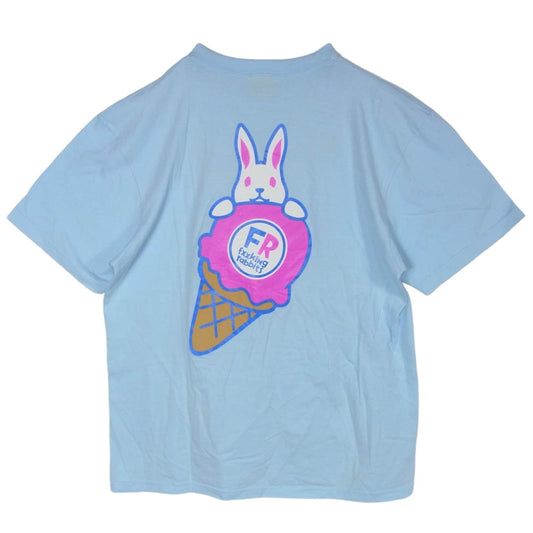 #FR2 エフアールツー アイスクリームロゴ刺繍 バックプリント クルーネック 半袖 Tシャツ ライトブルー系 XL【中古】