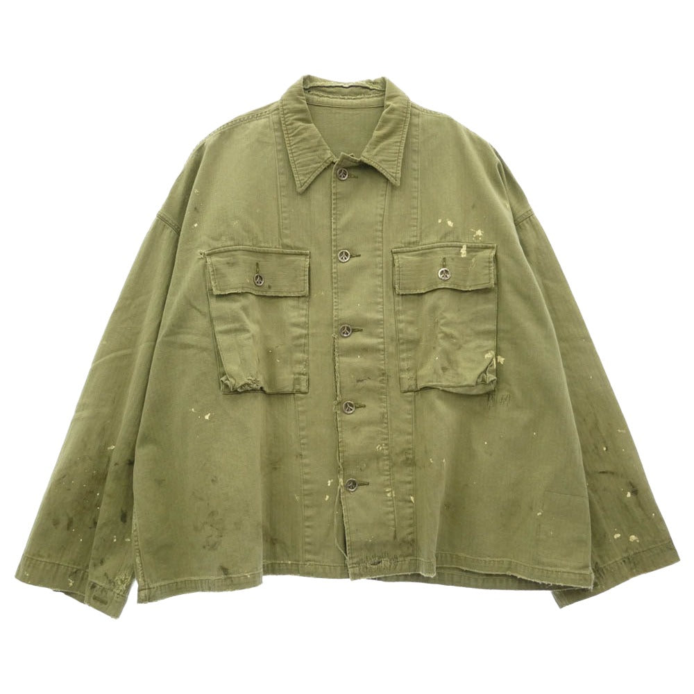 READY MADE レディメイド 24AW RE-CO-KH-00-00-259 HERINGBONE SHIRT JACKET ピースマークステンシル ヴィンテージ加工 ヘリンボーン ミリタリー シャツ ジャケット カーキ系 4【中古】