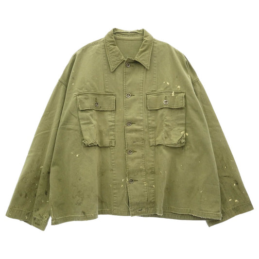 READY MADE レディメイド 24AW RE-CO-KH-00-00-259 HERINGBONE SHIRT JACKET ピースマークステンシル ヴィンテージ加工 ヘリンボーン ミリタリー シャツ ジャケット カーキ系 4【中古】