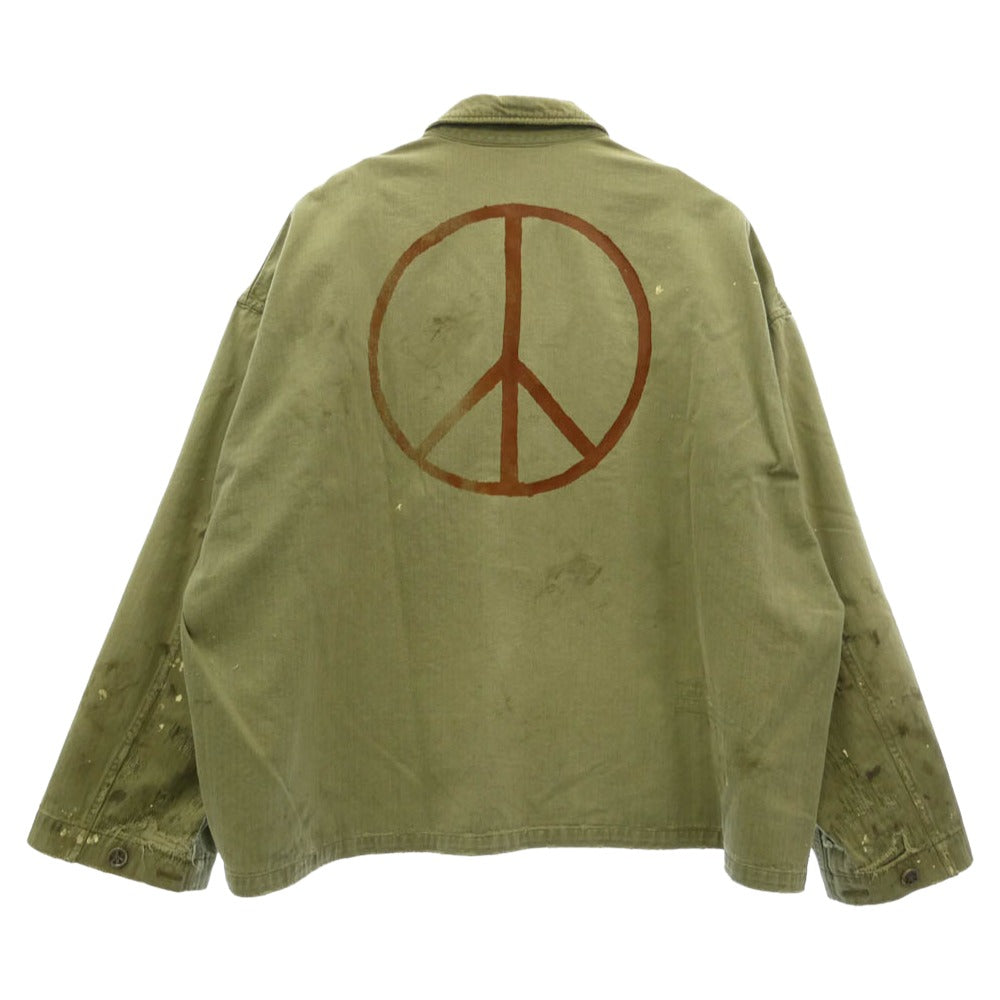 READY MADE レディメイド 24AW RE-CO-KH-00-00-259 HERINGBONE SHIRT JACKET ピースマークステンシル ヴィンテージ加工 ヘリンボーン ミリタリー シャツ ジャケット カーキ系 4【中古】