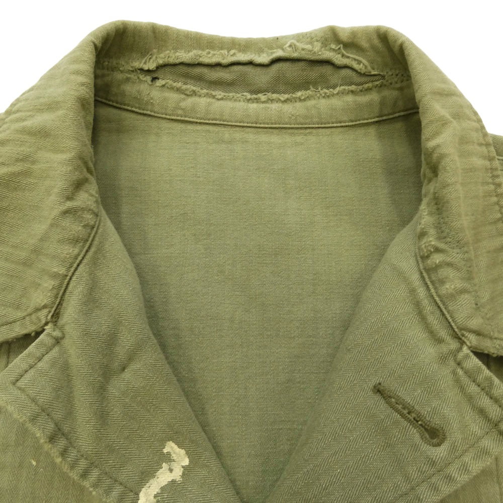 READY MADE レディメイド 24AW RE-CO-KH-00-00-259 HERINGBONE SHIRT JACKET ピースマークステンシル ヴィンテージ加工 ヘリンボーン ミリタリー シャツ ジャケット カーキ系 4【中古】
