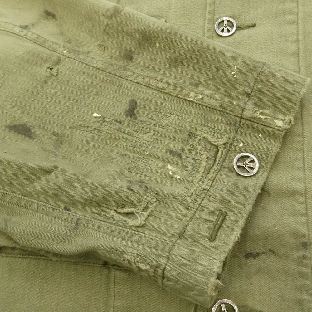 READY MADE レディメイド 24AW RE-CO-KH-00-00-259 HERINGBONE SHIRT JACKET ピースマークステンシル ヴィンテージ加工 ヘリンボーン ミリタリー シャツ ジャケット カーキ系 4【中古】