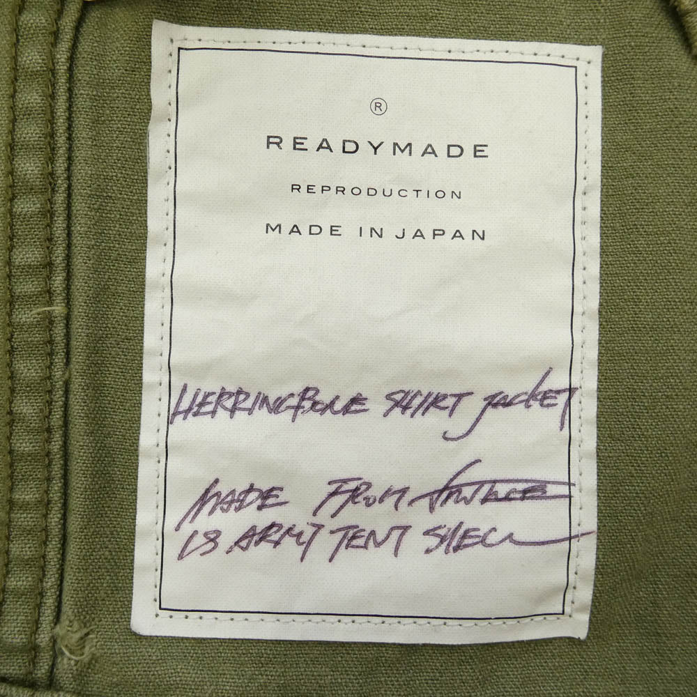 READY MADE レディメイド 24AW RE-CO-KH-00-00-259 HERINGBONE SHIRT JACKET ピースマークステンシル ヴィンテージ加工 ヘリンボーン ミリタリー シャツ ジャケット カーキ系 4【中古】