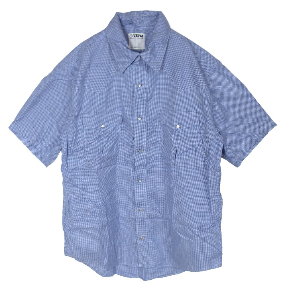 VISVIM ビズビム レギュラーカラー ノーカラー 切替 2WAY 半袖 シャツ ブルー系 M【中古】
