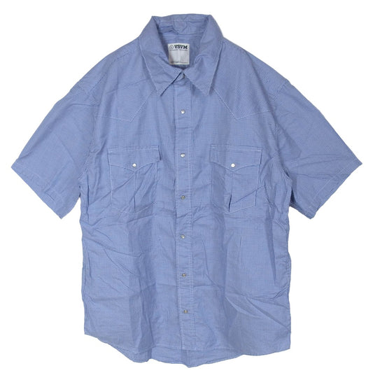 VISVIM ビズビム レギュラーカラー ノーカラー 切替 2WAY 半袖 シャツ ブルー系 M【中古】