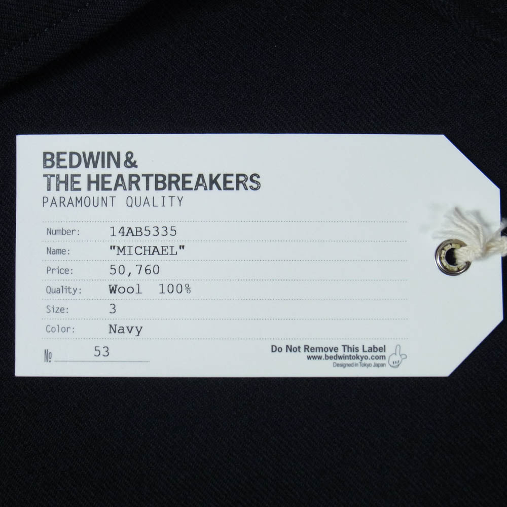 BEDWIN & THE HEARTBREAKERS ベドウィンアンドザハートブレイカーズ 14AW 14AB5335 2B WOOL BLAZER JKT MICHAEL マイケル 2B ウール ブレザー ジャケットマイケル ネイビー系 3【美品】【中古】