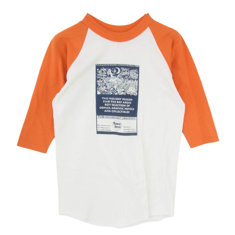 ヴィンテージ 90s USA製 soffe Comic Relief ラグラン プリント 七分丈 カットソー TEE オレンジ系 L【中古】