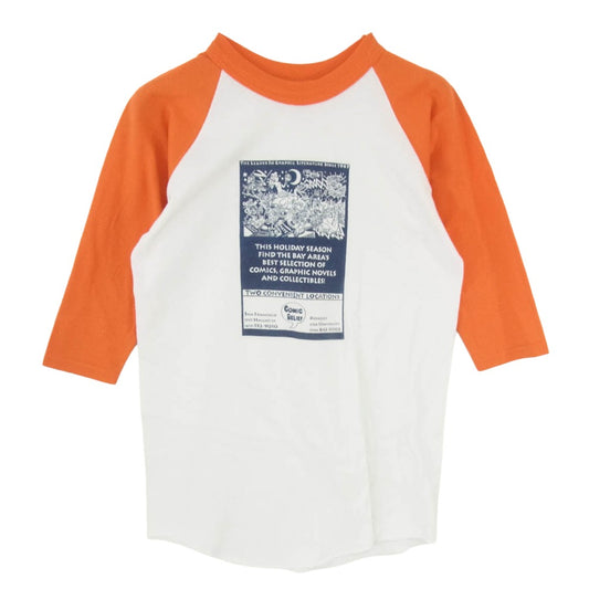 ヴィンテージ 90s USA製 soffe Comic Relief ラグラン プリント 七分丈 カットソー TEE オレンジ系 L【中古】