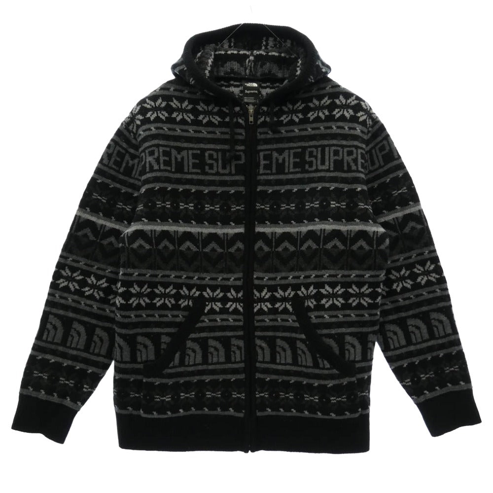 Supreme シュプリーム 22AW NT522121 × THE NORTH FACE Zip Up Hooded Sweater ジップアップ フーデッド ノルディック柄 セーター ニット パーカー ブラック系 L【中古】