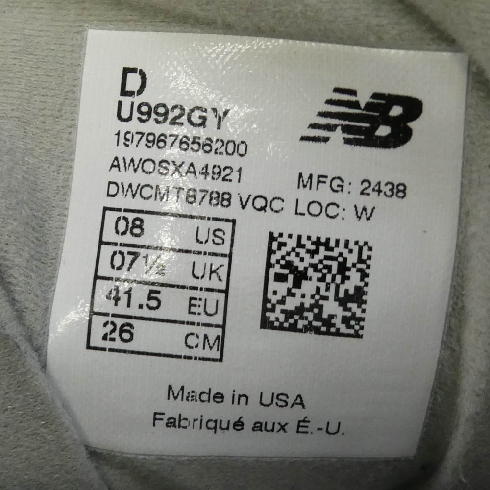NEW BALANCE ニューバランス U992GY MADE in USA 992 Gray グレー スエード メッシュ スニーカー グレー系 26cm【中古】