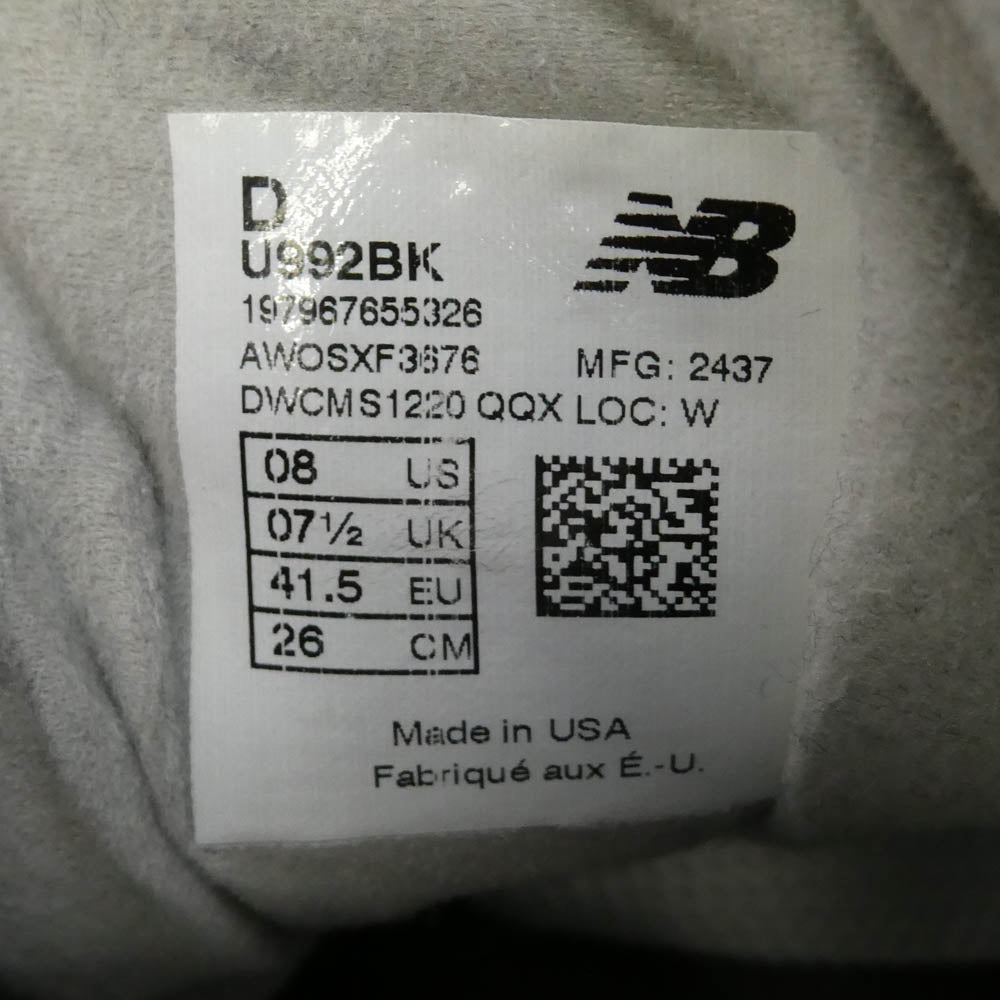 NEW BALANCE ニューバランス U992BK MADE in USA 992 Black ブラック スエード メッシュ スニーカー ブラック系 26cm【中古】
