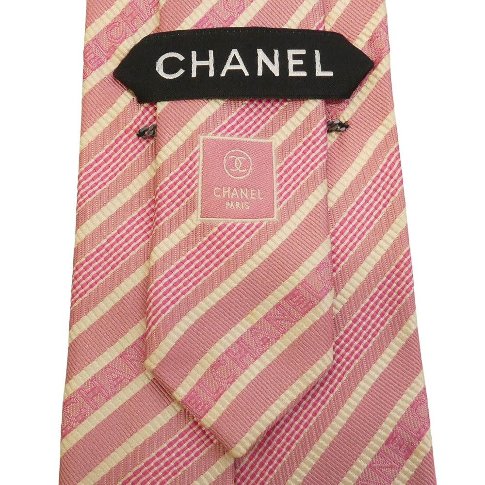 CHANEL シャネル ストライプ ロゴ ネクタイ ピンク系 アイボリー系【中古】
