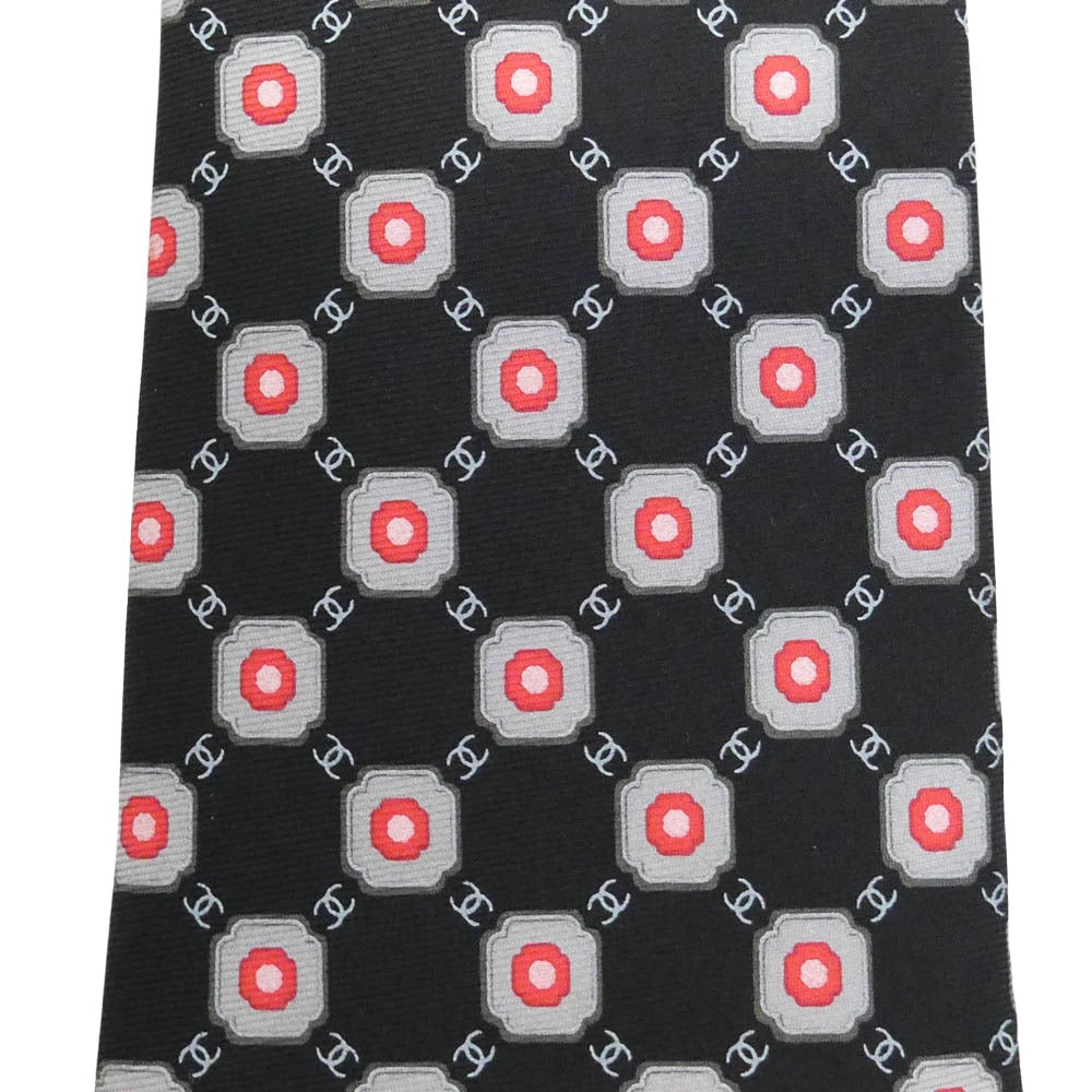 CHANEL シャネル 総柄 ココマーク ネクタイ ブラック系 レッド系【中古】