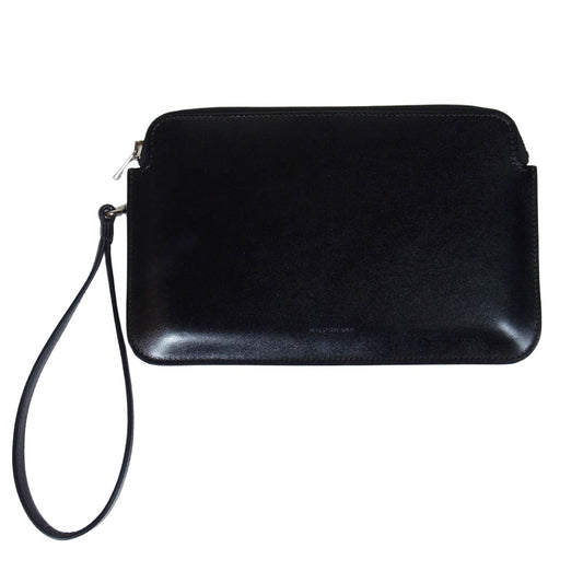 WILDSWANS ワイルドスワンズ MINAS (LL) SADDLE PULL UP + HANDSTRAP ミナス サドルプルアップレザー ハンドストラップ付き マルチケース ポーチ ブラック系【美品】【中古】