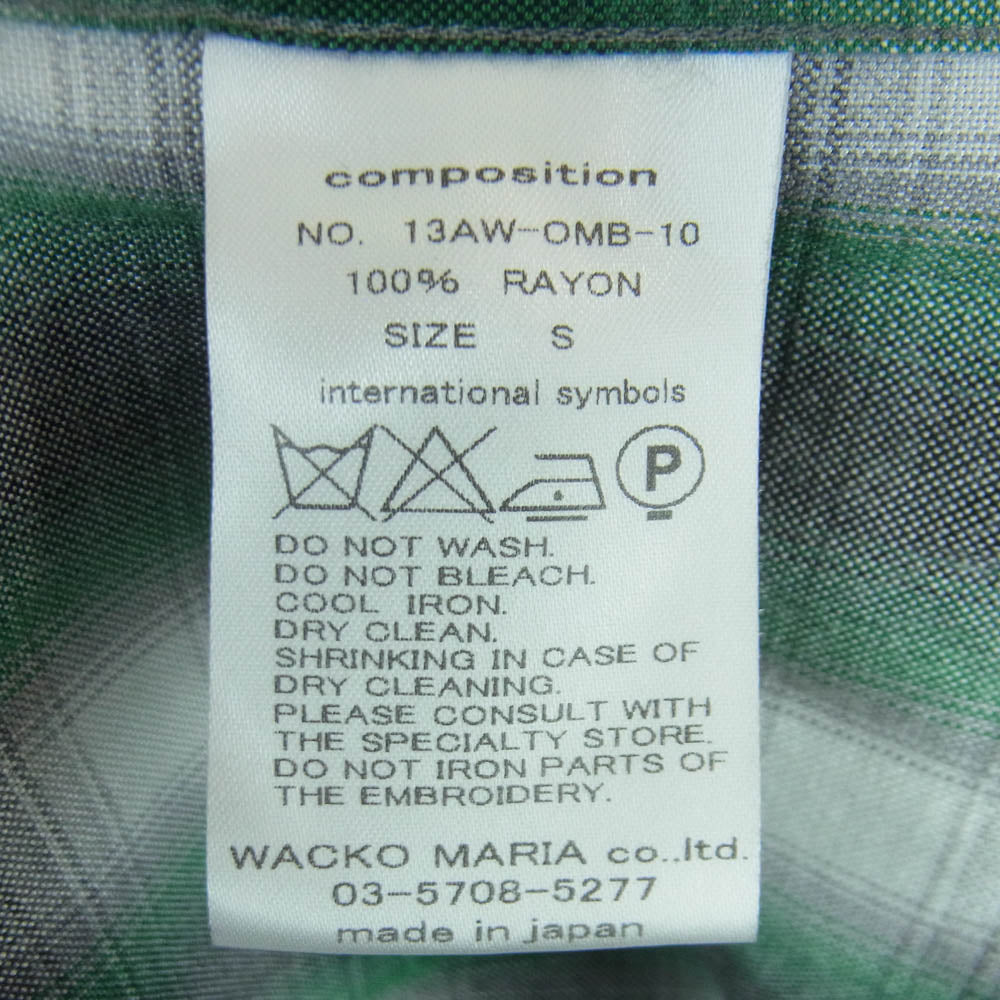 WACKO MARIA ワコマリア 13AW 13AW-OMB-10 バック刺繍 レーヨン オンブレ チェック 長袖 シャツ グリーン系 グレー系 S【中古】
