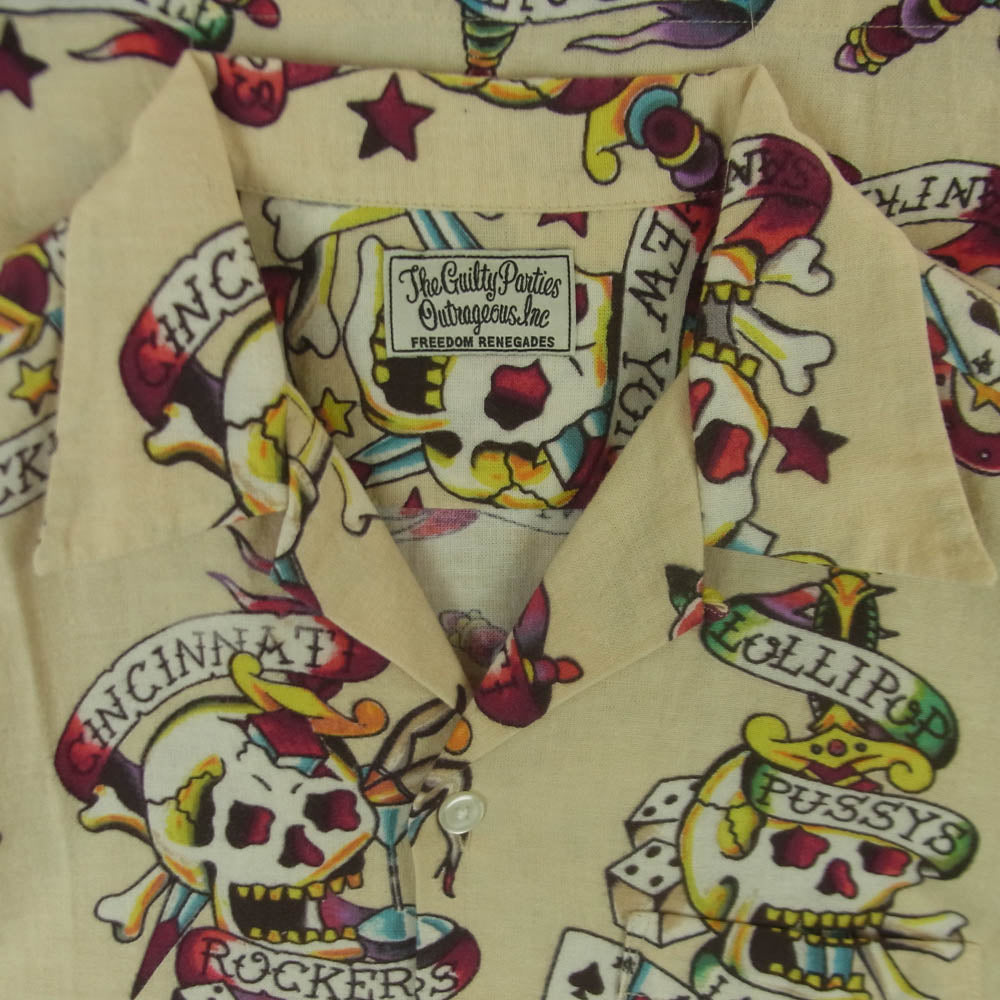 WACKO MARIA ワコマリア CAPTAIN SKULL HAWAIIAN SHIRT LS キャプテン スカル 長袖 フランネル シャツ ベージュ系 S【中古】
