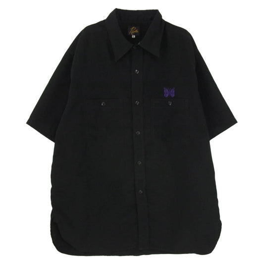 Needles ニードルス 22SS KP180 S/S WORK SHIRT Poly Cloth パピヨン刺繍 半袖 ワークシャツ ブラック系 XL【中古】