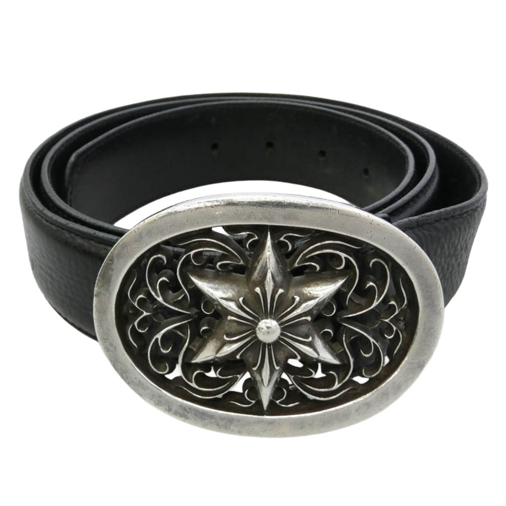 CHROME HEARTS クロムハーツ（原本無） OLD BUCKL OVAL STAR 1.5 オールド クラシックオーバル スター バックル レザー ストラップ ベルト ブラック系 36【中古】
