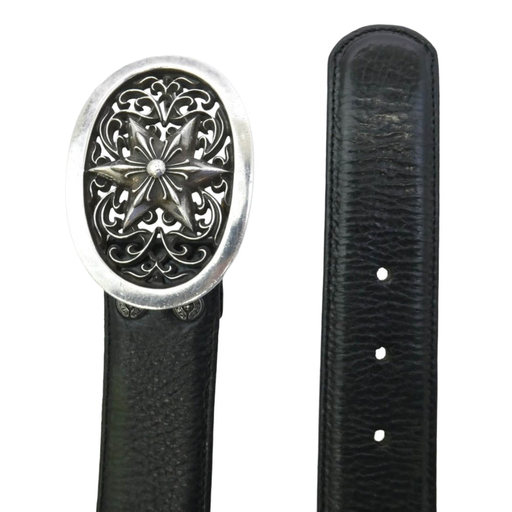 CHROME HEARTS クロムハーツ（原本無） OLD BUCKL OVAL STAR 1.5 オールド クラシックオーバル スター バックル レザー ストラップ ベルト ブラック系 36【中古】