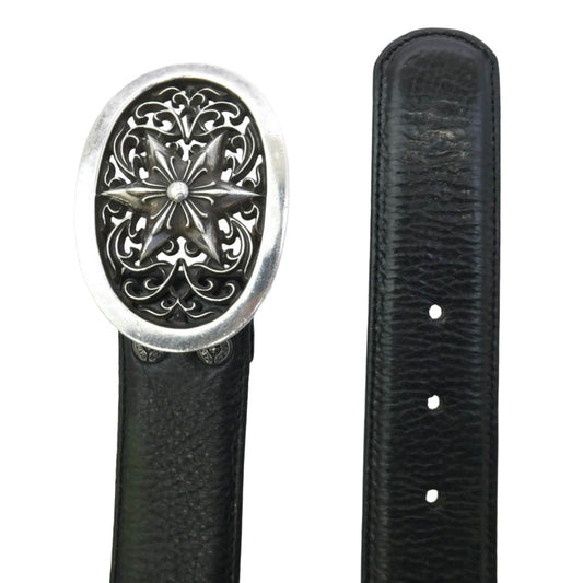 CHROME HEARTS クロムハーツ（原本無） OLD BUCKL OVAL STAR 1.5 オールド クラシックオーバル スター バックル レザー ストラップ ベルト ブラック系 36【中古】