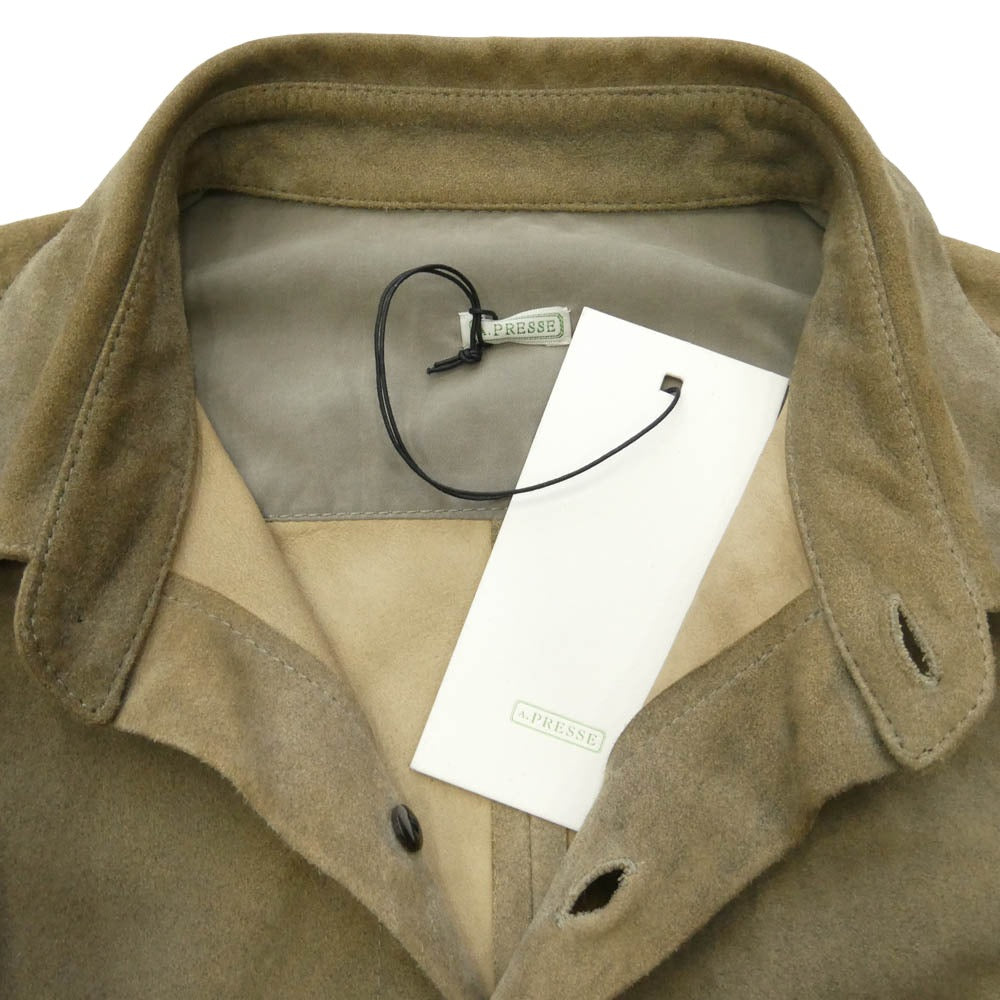 A.PRESSE アプレッセ 25AW 25AAP-02-20 Suede Leather Regular Collar Shirt スエード レザー レギュラー カラー 長袖 シャツ カーキ系 2【中古】