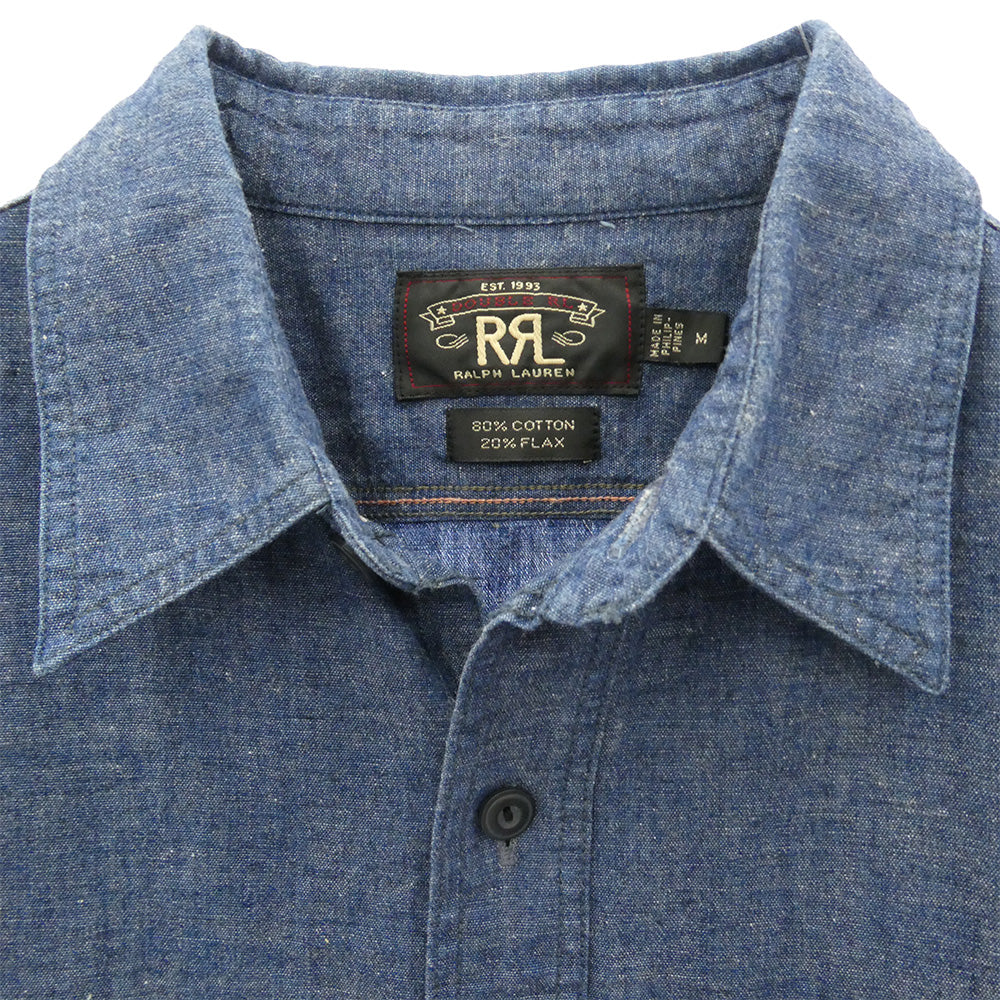 RRL ダブルアールエル コットンリネン インディゴ シャンブレー レギュラーカラー 長袖 ワークシャツ インディゴブルー系 M【中古】
