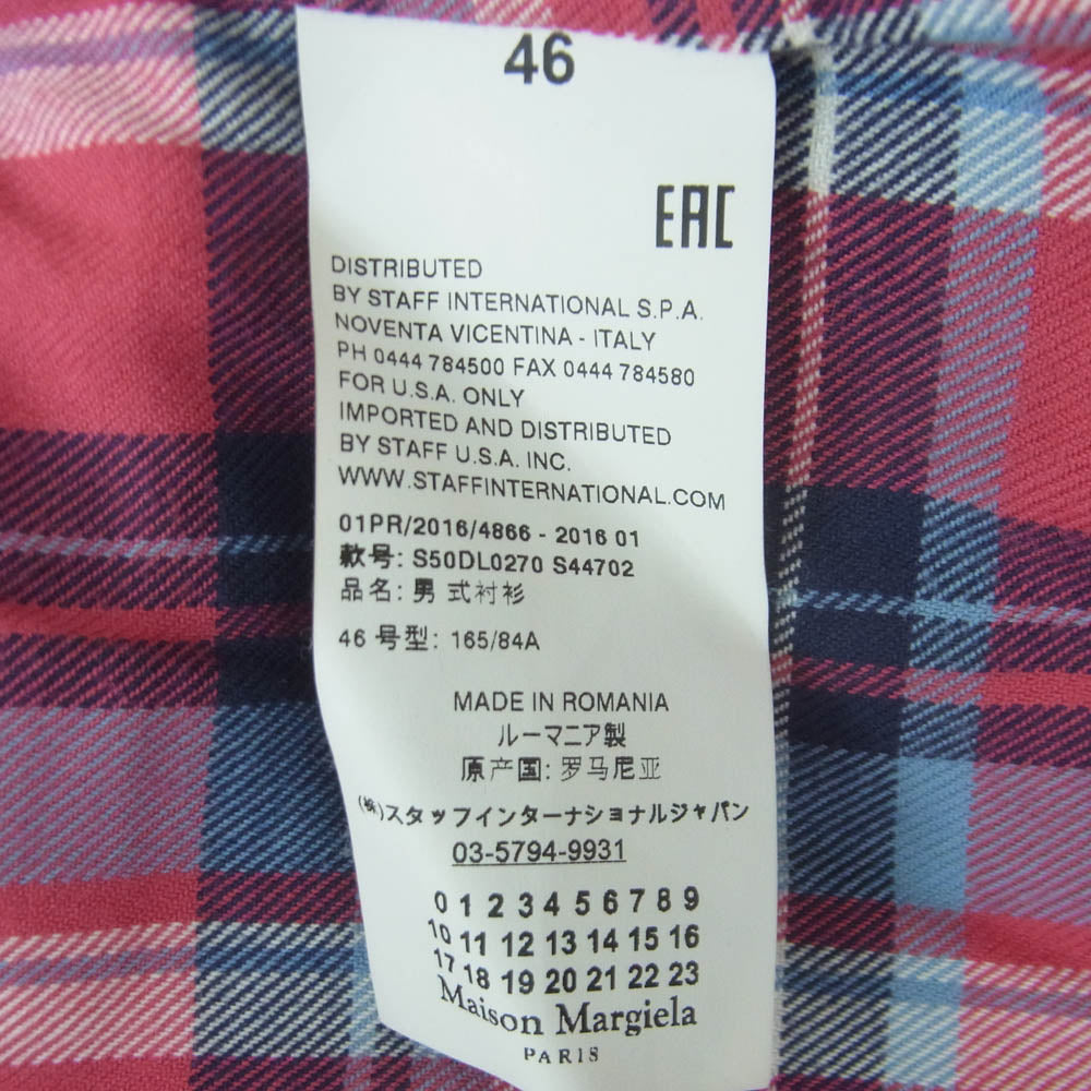 MAISON MARGIELA メゾンマルジェラ 16SS S50DL0270 フランネル チェック シャツ レザー エルボーパッチ 10ライン 四つタグ ピンク系 46【中古】