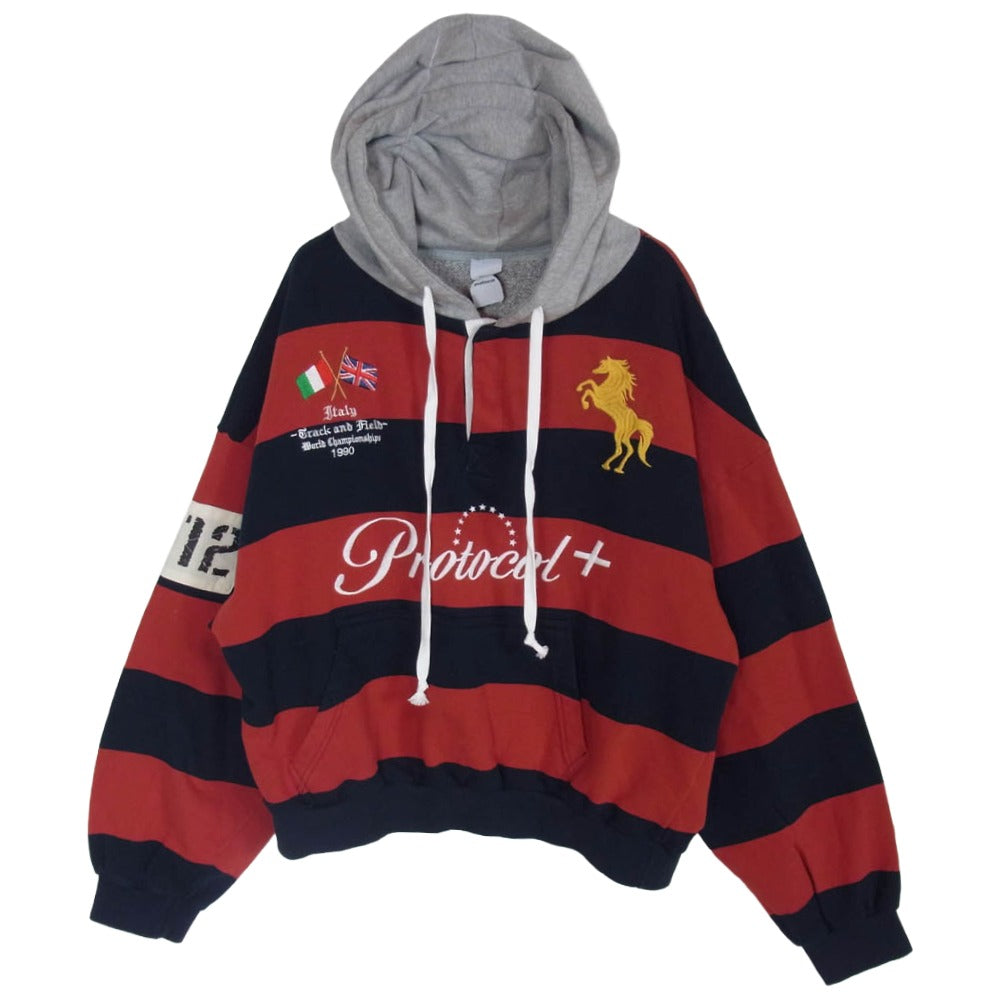 プロトコル インデックス STRIPE POLO HOODIE ストライプ ポロ フーディー パーカー レッド系 ネイビー系 1【中古】