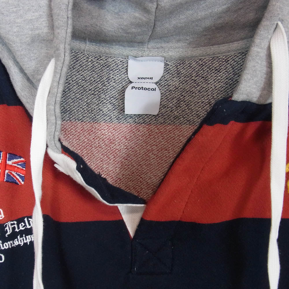 プロトコル インデックス STRIPE POLO HOODIE ストライプ ポロ フーディー パーカー レッド系 ネイビー系 1【中古】