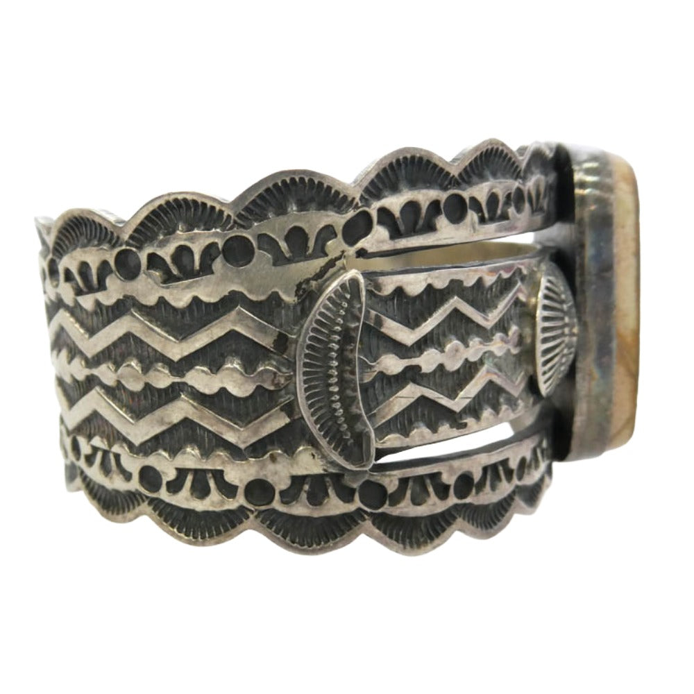 SUNSHINE REEVES サンシャインリーブス NAVAJO ナバホ族 ターコイズ スタンプワーク ワイド バングル インディアンジュエリー シルバー系【中古】