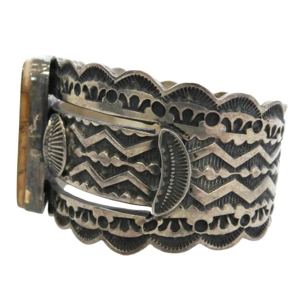SUNSHINE REEVES サンシャインリーブス NAVAJO ナバホ族 ターコイズ スタンプワーク ワイド バングル インディアンジュエリー シルバー系【中古】