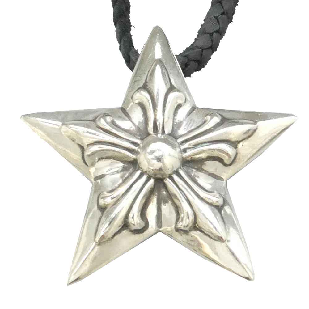 CHROME HEARTS クロムハーツ（原本有） STAR 5 POINT LEATHER BRAID ラージ 5ポイントスター レザーブレード ネックレス ブラック系 シルバー系【中古】