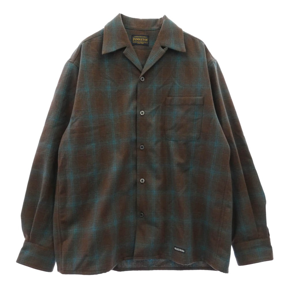 WACKO MARIA ワコマリア PENDLETON ペンドルトン x PENDLETON ペンドルトン WOOL OMBRE CHECK OPEN COLLAR SHIRT ウール オンブレチェック 開襟 オープンカラー 長袖 シャツ ブラウン系 M【美品】【中古】