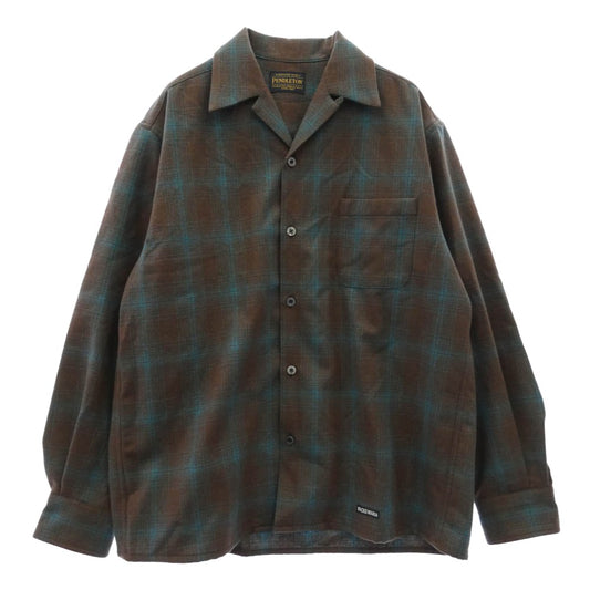 WACKO MARIA ワコマリア PENDLETON ペンドルトン x PENDLETON ペンドルトン WOOL OMBRE CHECK OPEN COLLAR SHIRT ウール オンブレチェック 開襟 オープンカラー 長袖 シャツ ブラウン系 M【美品】【中古】