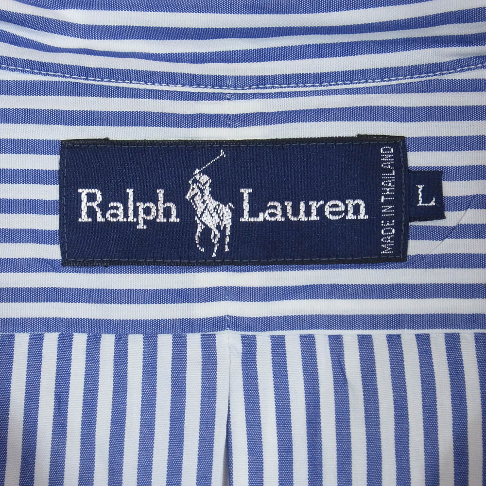 RALPH LAUREN ラルフローレン ボタンダウン ポニー刺繍 コットン ストライプ 長袖 シャツ ブルー系 L【美品】【中古】