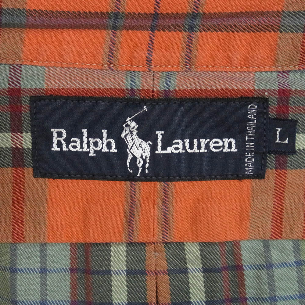 RALPH LAUREN ラルフローレン ボタンダウン ポニー刺繍 コットン チェック 長袖 ネルシャツ 赤緑系 L【美品】【中古】
