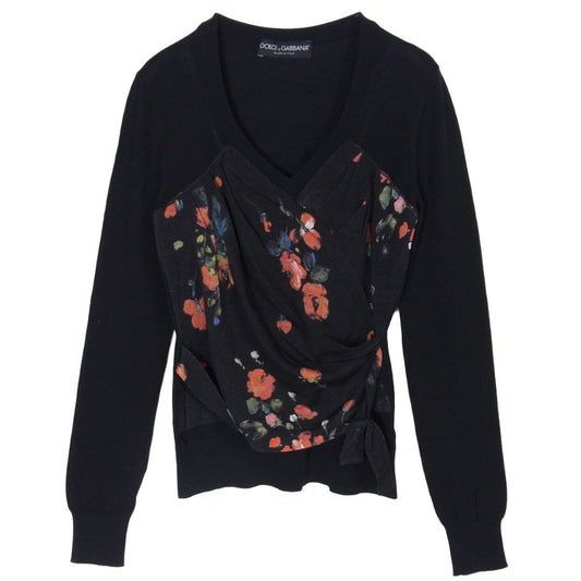 DOLCE&GABBANA ドルチェアンドガッバーナ Vネック フラワー ニット ブラック系 40【中古】