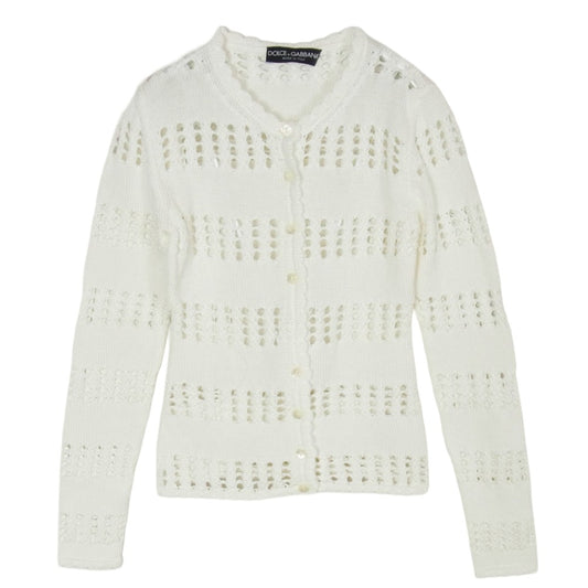 DOLCE&GABBANA ドルチェアンドガッバーナ カットワーク クルーネック ニット カーディガン ホワイト系 38【美品】【中古】