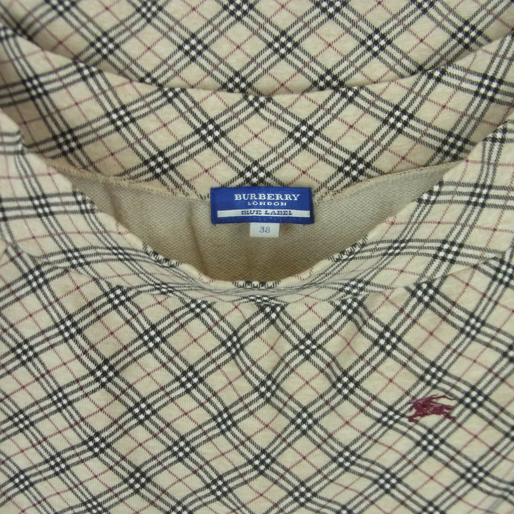 BURBERRY BLUE LABEL バーバリーブルーレーベル FA559-159 ノバチェック柄 ボートネック 七分袖 カットソー ベージュ系 38【中古】