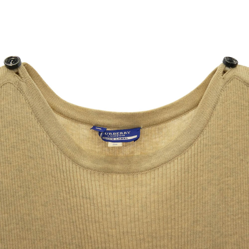 BURBERRY BLUE LABEL バーバリーブルーレーベル E1J14-625-40 ロゴ刺繍 チェック 切替 ベルト付き リブニット 半袖 ワンピース ベージュ系 38【中古】