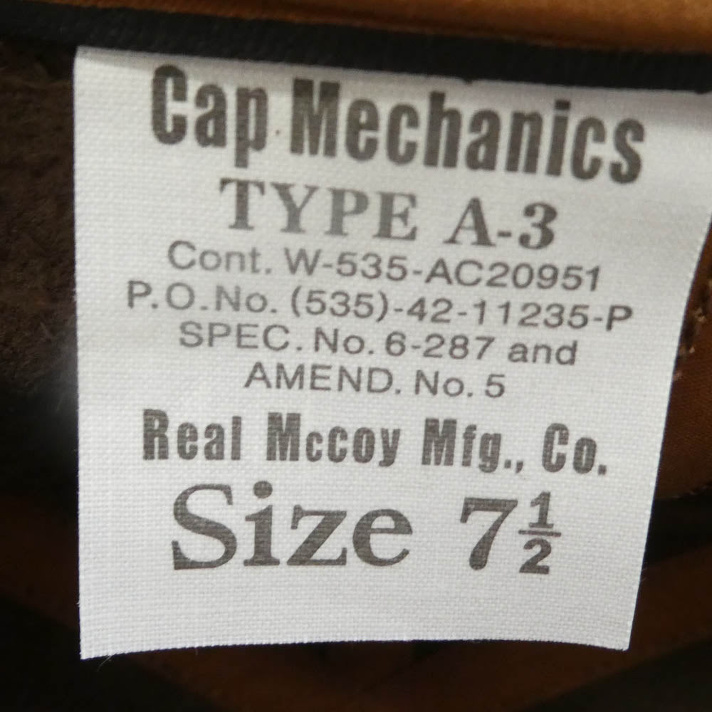 The REAL McCOY'S ザリアルマッコイズ MA22108 TYPE A-3 CAP HORSEHIDE ホースハイド レザー キャップ 帽子 チャコール系 ダークブラウン系 7 1/2【美品】【中古】