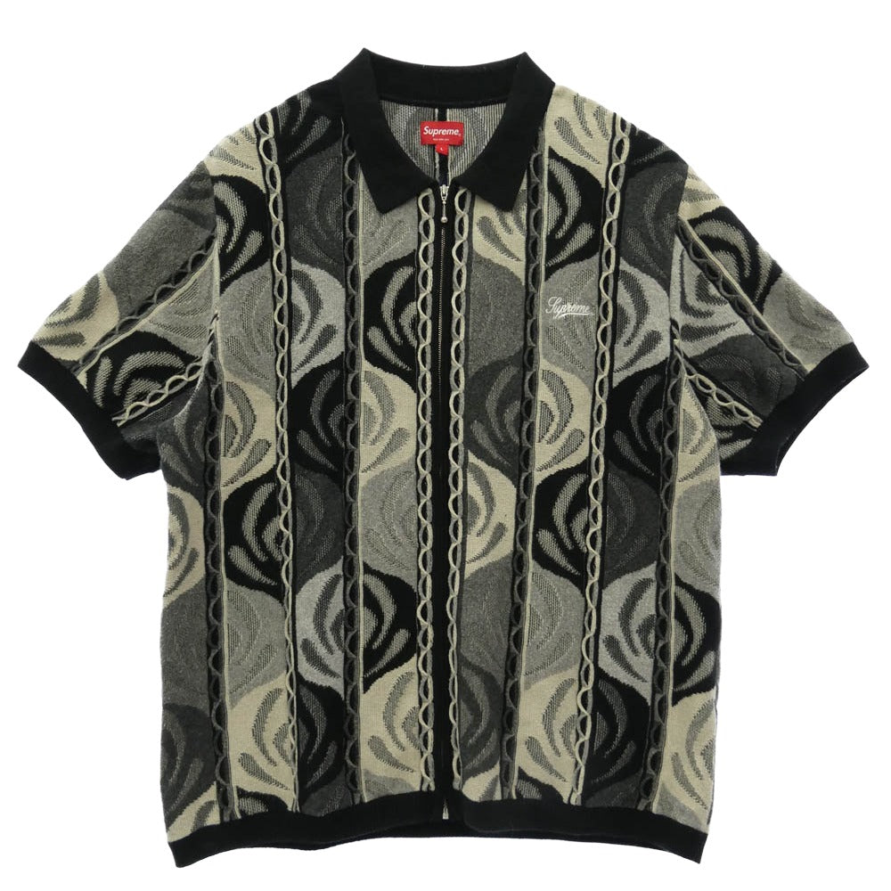 Supreme シュプリーム 22SS Abstract Textured Zip Up Polo アブストラクト テクスチャード ジップアップ ニット 半袖 ポロ シャツ ブラック系 L【中古】