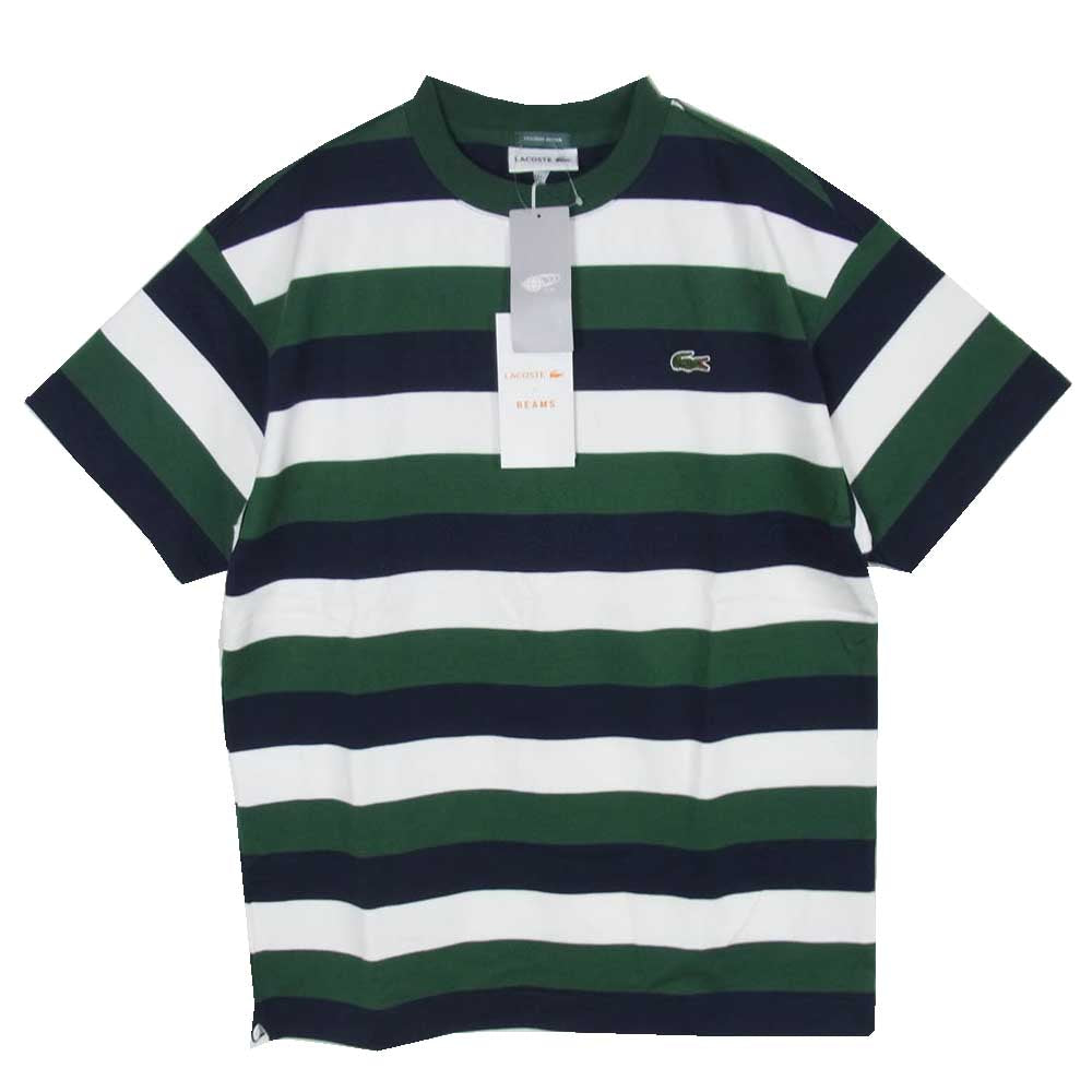 LACOSTE ラコステ BEAMS ビームス TH734LJ-99 × BEAMS ビームス 別注 ロゴ ボーダー クルーネック 半袖 Tシャツ 緑紺白 2【新古品】【未使用】【中古】