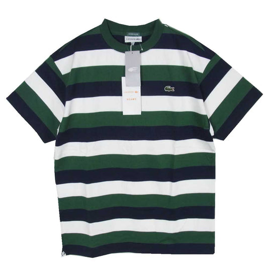 LACOSTE ラコステ BEAMS ビームス TH734LJ-99 × BEAMS ビームス 別注 ロゴ ボーダー クルーネック 半袖 Tシャツ 緑紺白 2【新古品】【未使用】【中古】